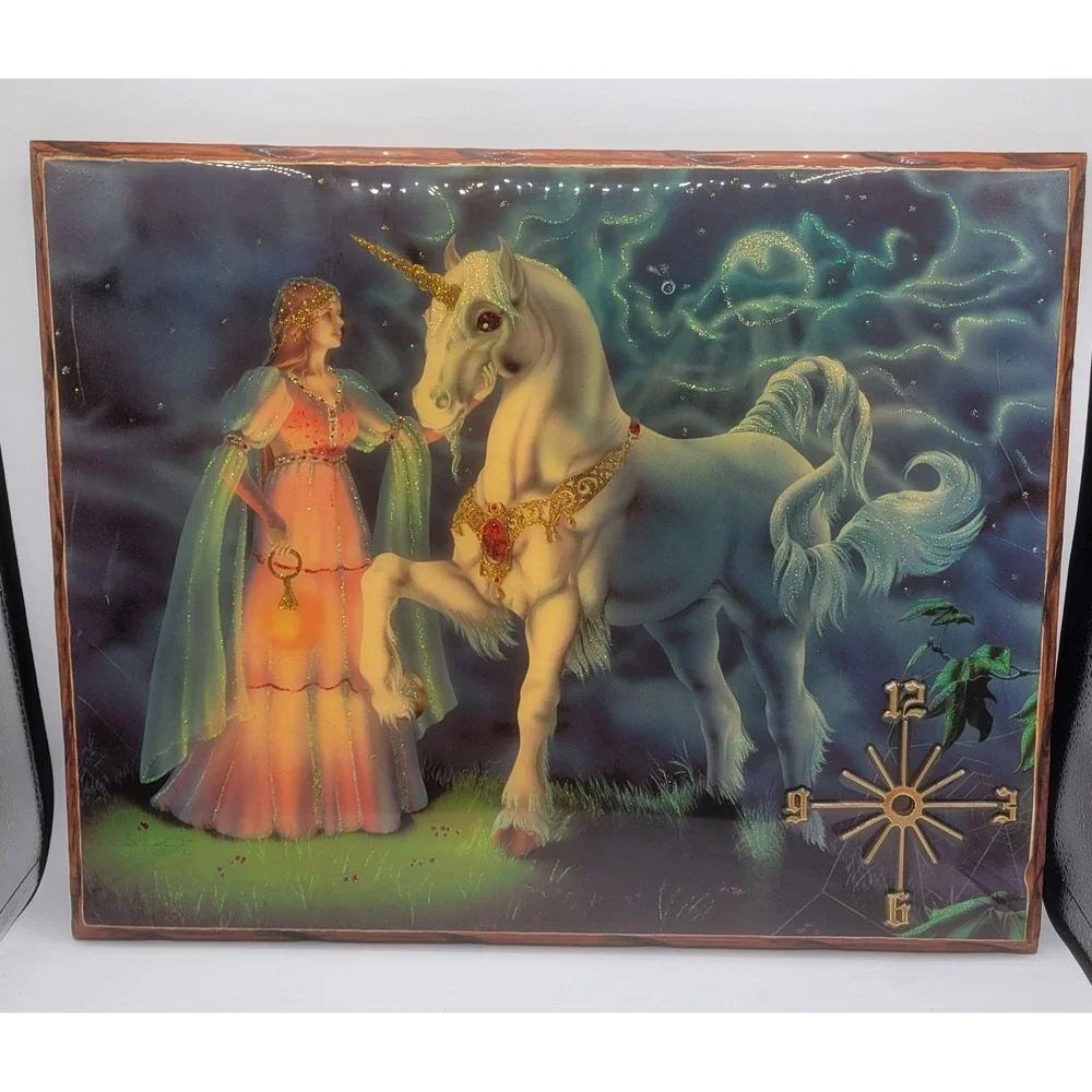 Vintage 1982 Sue Dawe Unicorn Fantasy Art Wood Plaque Glossy Glitter 80s Decor